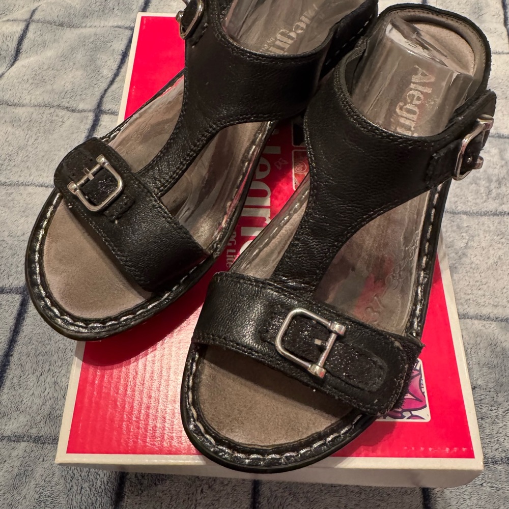 Alegria Black Leather Sandals with Silver Buckles